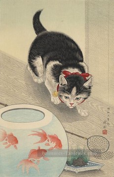 chat et bol de poisson rouge 1933 Ohara KOSON chaton Peinture à l'huile